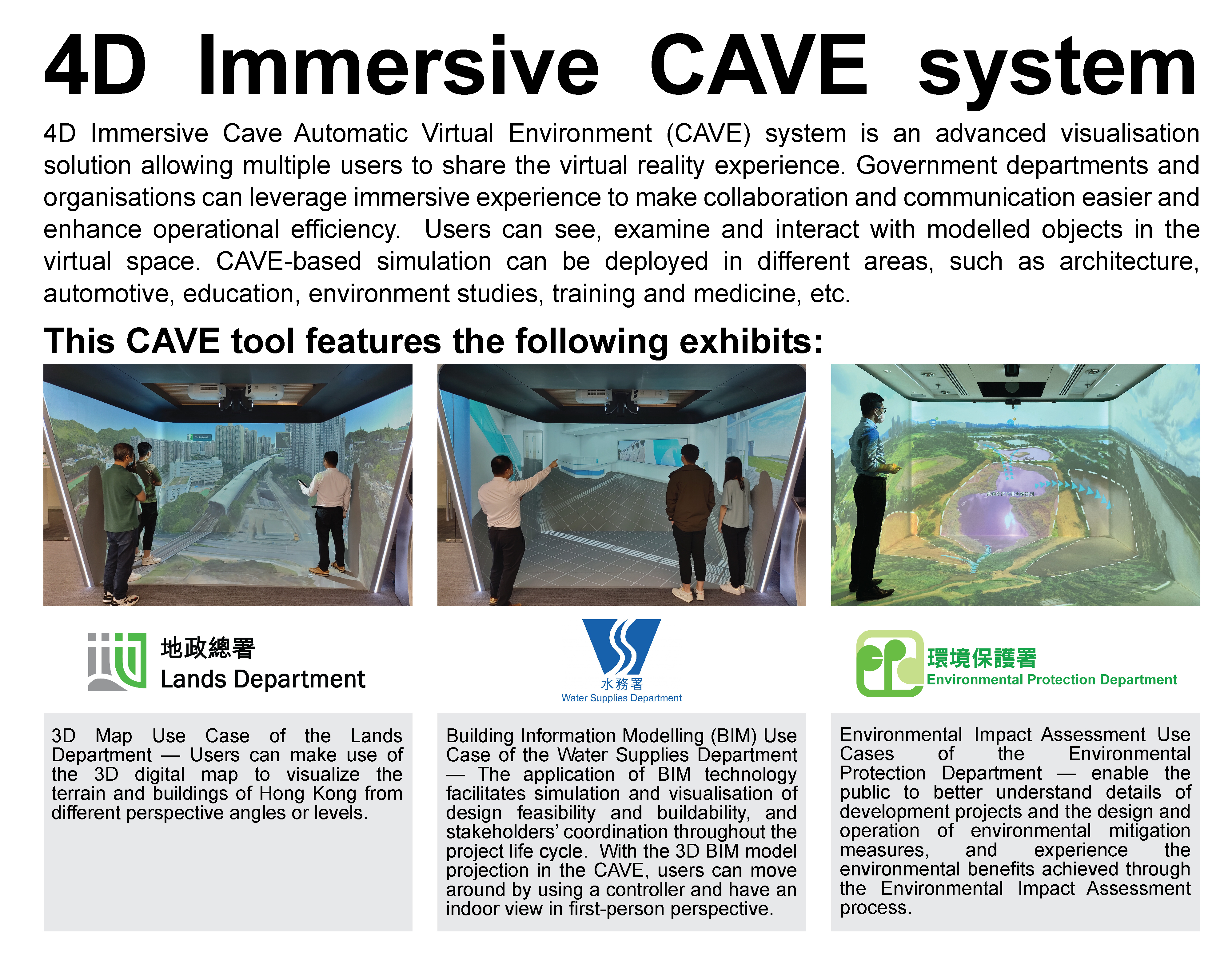 4D Immersive CAVE system,
					4D Immersive Cave Automatic Virtual Environment (CAVE) system is an advanced visualisation solution allowing multiple users to share the virtual reality experience. Government departments and organisations can leverage immersive experience to make collaboration and communication easier and enhance operational efficiency.  Users can see, examine and interact with modelled objects in the virtual space. CAVE-based simulation can be deployed in different areas, such as architecture, automotive, education, environment studies, training and medicine, etc.
					This CAVE tool features the following exhibits:
					3D Map Use Case — gives a 3600 bird's-eye view of districts in Hong Kong. Users can understand Hong Kong's housing conditions, different kinds of IoT information, etc. in a 3D model of existing built-up environment derived from UAV camera system & ground-based digital cameras.
					Building Information Model (BIM) Use Case — gives an indoor view in first-person perspective. Users can move around using a controller and multiple stakeholders can collaborate on the planning, design and construction of a building through projection of the 3D model in the CAVE.